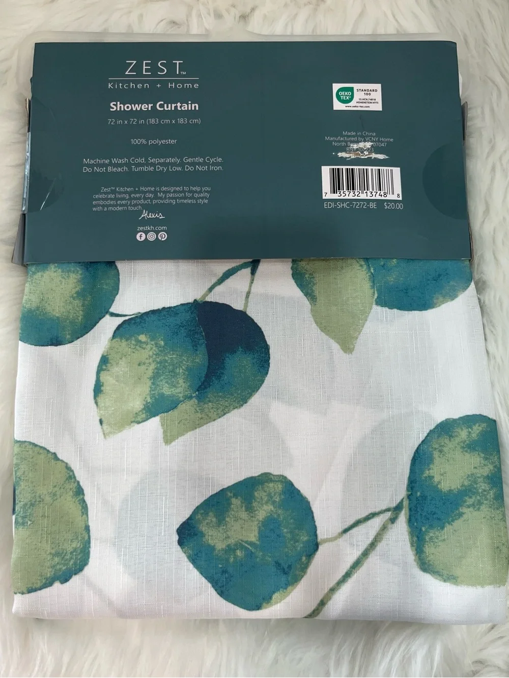 ZEST Kitchen + Home Shower Curtain 72” x 72” Green Teal Leaf Print